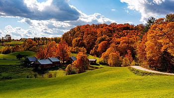 Woodstock, Vermont, barn, clouds, autumn, colors, trees, sky, usa HD wallpaper