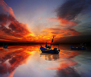 Glorious canopy, boats, clouds, orange, gold, lake, reflections, sunset, orange and gold HD wallpaper