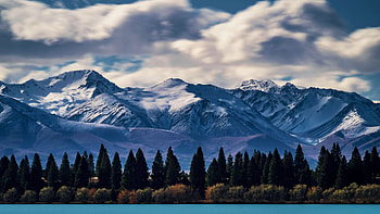 Southern Alps Over Lake Pukaki, New Zealand Southern Island, clouds, trees, sky, mountains, landscape HD wallpaper