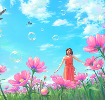 Be you own color, blue, jessejzette, jesse jzette, girl, summer, pink, fantasy, field, red, cosmos, sky, luminos, bubbles, vara HD wallpaper