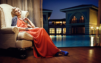 Waiting for my love...., night, sofa, Villa, girl, blue shoes, sad, lights, waiting, swimming pool, look, evening HD wallpaper