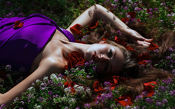 Beautiful model, model, flowers, lying, woman HD wallpaper
