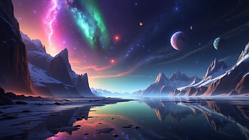 Northern Lights and Planets in Space, Northern Lights, planet, space, mountain, snow, Snowy Mountain HD wallpaper
