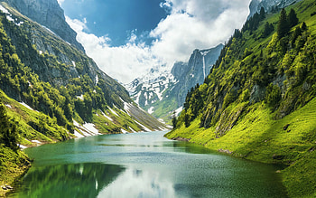 Green Paradise - Alpstein, Switzerland, valley, clouds, sky, mountains, alps HD wallpaper