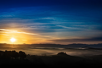 Nature, Trees, Sunset, Sky, Rays, Beams, Hills HD wallpaper