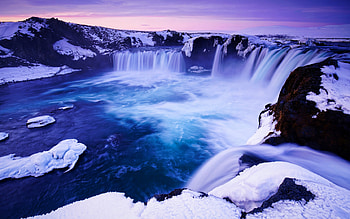 Godafoss, winter, waterfall, Icelandic landmarks, snowdrifts, Skjalfandafljot River, waterfalls of Iceland, beautiful waterfall, Iceland HD wallpaper