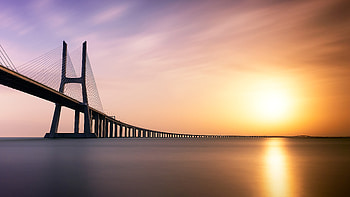 Sunset, minimal, Vasco Da Gama bridge, sea HD wallpaper