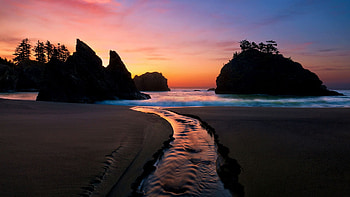 Oregon Coast at Sunset, sky, water, rocks, sea, colors, usa HD wallpaper