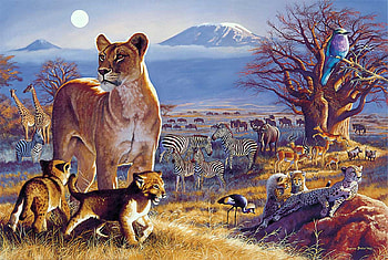 Kilimanjaro Twilight, africa, painting, cubs, zebras, mountain, lions HD wallpaper