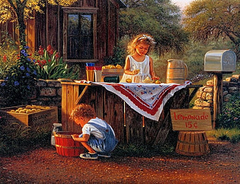 Lemonade stand, lemonade, lemons, window, house, girl, pail, mailbox, cups, jug, boy, sign, bucket HD wallpaper