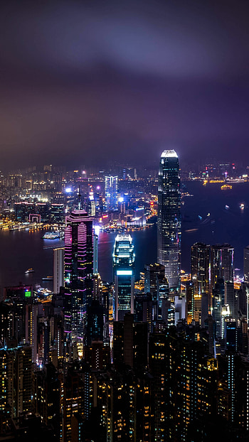 Hong Kong skyscrapers at night, City lights , Urban beauty, Night-time charm HD phone wallpaper
