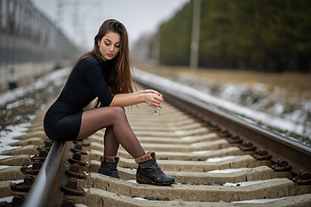 Girl Sitting On Railway Line , black-dress, girls, model, railroad HD wallpaper