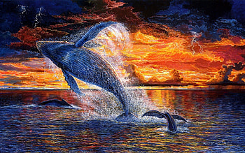 SUNSET BREACH, sea, giants, oceans, end of day, artworks, whales, humpback, wildlife, clouds, horizons, deep sea, mammals, sunset HD wallpaper