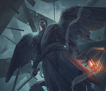 Broken sky, alexey egorov, man, lantern, sky, angel, dark, wings, fantasy asy, view from down, light HD wallpaper