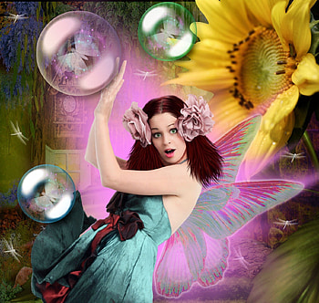 ~Let have fun with Angel~, fun, digital art, dragonflies, dress, sunflower, charm, abstract, animals, female, wings, weird things people wear, beautiful, people, backgrounds, creative pre-made, angels, fairy, fantasy, pretty, manipulation, models, girls, flowers, women, lovely, hair, enjoy, glass balls HD wallpaper