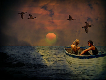 Birdwatching at Sunset, ducks, boat, birds, man, clouds, sky, sun, woman HD wallpaper