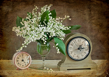 still life, bouquet, gentle, graphy, lily of the valley, clocks, beauty, nice, flower, glass, , water, elegantly, beautiful, old, pretty, cool, flowers, lovely, harmony HD wallpaper
