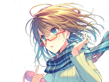 Scarf, glasses, anime girl, long hair, original HD wallpaper