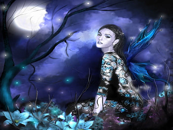 NIGHT FAIRY, night, blue, wings, stars, tree, fairy, moon, flowers, sky, female HD wallpaper