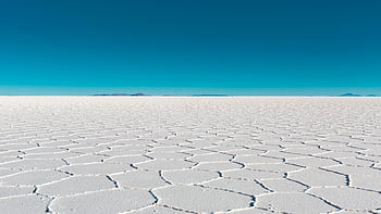 Vast salar with geometric patterns under a clear blue sky in Bolivia's Uyuni. HD wallpaper