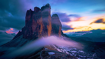 Tre Cime di Lavaredo at sunset, dolomites, clouds, colors, sky, italy, alps, mountains HD wallpaper