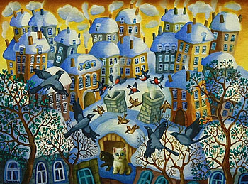 By V.Povarova. on the roof, roof, painting, art, v povarova, cat HD wallpaper
