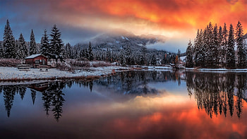 Sunset on the lake, winter, sunset, lake, house HD wallpaper