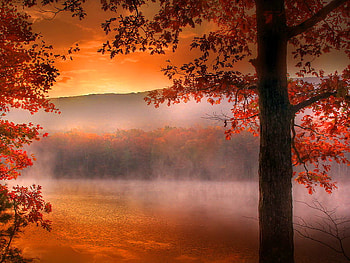 Autumn atmosphere, fall, atmosphere, colors, sunrise, lake, mist, trees, autumn, nature, water, sunset HD wallpaper