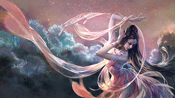The nine tailed fox, blue, frumusete, dancer, art, vulpe, ahri, girl, nine tailed, fox, pink, fantasy, luminos, kuishi xu HD wallpaper