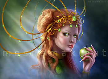 ~Green New Eve~, colors, digital art, jewelry, dress, charm, lady, drawings, lips, female, new eve, eyes, gorgeous, weird things people wear, paintings, beautiful, people, necklaces, fantasy, pretty, green, cool, apple, models, girls, women, lovely, hair HD wallpaper