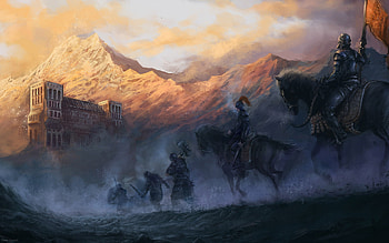 Through the Gate, horse, darek zabrocki, art, digital painting, knight, mountain, war, fantasy, cg, battle, , warrior HD wallpaper