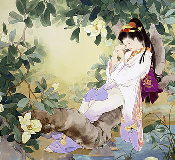 Dreamer, asian, art, garden, geisha, girl, haruyo morita, tree, kimono, summer, vara HD wallpaper
