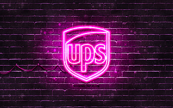 UPS purple logo, , purple brickwall, UPS logo, brands, UPS neon logo, UPS HD wallpaper