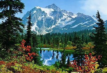Mountain morning, colorful, morning, peaks, serenity, nice, quiet, shore, reflection, trees, autumn, tranquility, snowy, fall, landscape, beautiful, rocks, lake, mountain, summer, cliffs, pretty, nature, sky, flowers, lovely, calmness HD wallpaper
