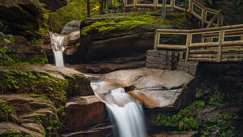 Algae Covered Stones Rocks Waterfall Stream Wood Fence Forest Background Nature HD wallpaper