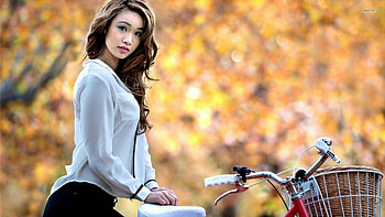 gorgeous brunette with bicycle, sexy, japanese, model, asian, teen, hot, cute, chinese, girl, supermodel, korean HD wallpaper