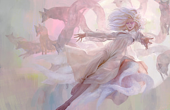 Ninetails fox, pink, ninetails, fantasy, ahri, girl, luminos, fox, sangsu jeong HD wallpaper