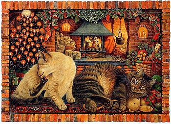 Lesley Ann Ivory, kitten, art, fireplace, cat, tree, basket, holiday, painting, christmas HD wallpaper