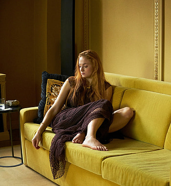 Sofa, beautiful, red head, beautiful, Sophie Turner HD phone wallpaper