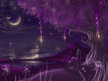 Lovely Planet, plants, stars, tree, mountain, purple, planet, moon, sky, figures HD wallpaper