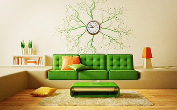 beige living room, , stylish interior, beige and green interior design, green sofa, creative clock, living room HD wallpaper