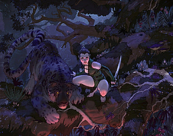 Jungle Girl, night, trees, clouded leopard, woman, blade HD wallpaper