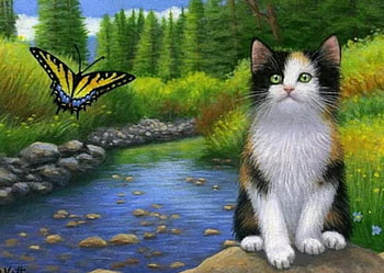 Aummer At The Creek, artwork, painting, plants, butterfly, Cat, water, stones HD wallpaper