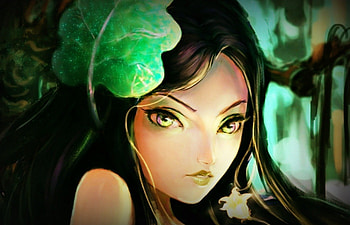 Fairy portret, black, portret, cute, girl, head, fairy, fantasy, flower, green, yellow, leaf, creature, hair HD wallpaper