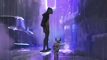 Evening Walk With Little Friend, artist, artwork, digital-art, dog, skateboard, skating, artstation HD wallpaper