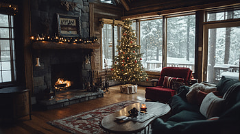 Rustic Holiday Retreat - Ultra, rustic holiday, cozy interior, christmas tree, fireplace, winter HD wallpaper