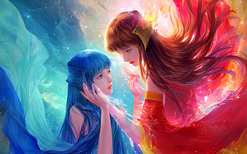 Farewell, blue, frumusete, asian, dacongjun, girl, woman, twin, fantasy, red, couple, luminos, da congjun HD wallpaper