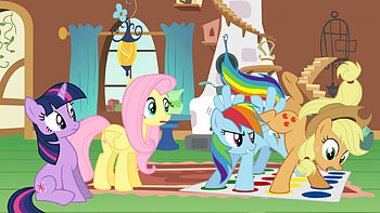 Rainbow Dash & Applejack playing Twister, Cartoons, Fluttershy, Rainbow Dash, My Little Pony, TV Series, cute, Twilight Sparkle, Applejack HD wallpaper