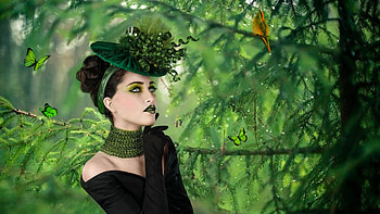 Forest Beauty, pine trees, artistic, butterflies, creative, trees, female, stunning, model, breathtaking, bird, eyes, gorgeous, girl, feminine, beautiful, woman, pretty, green, women, lovely, forest, stylish HD wallpaper