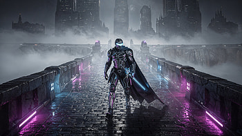Neon Sentinel — Cyberpunk Bridge, Cyborg, Warrior HD wallpaper